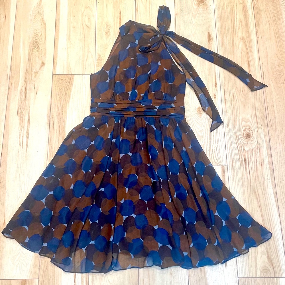 Eliza J New York Dress Halter Style Sleeveless Neck Tie Brown Blue Circles Sz 10